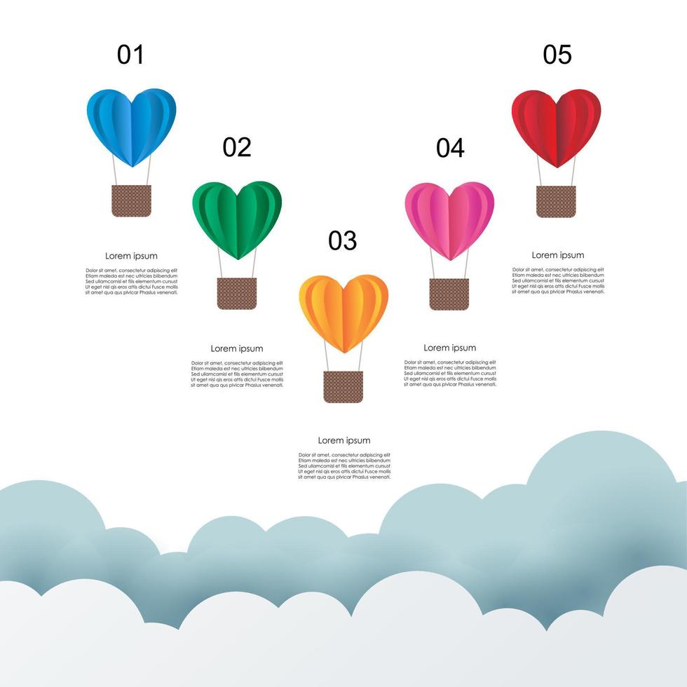 plantilla de infografía con etiqueta de papel de globo de corazón, plantilla de negocio para presentación. ilustración vectorial vector