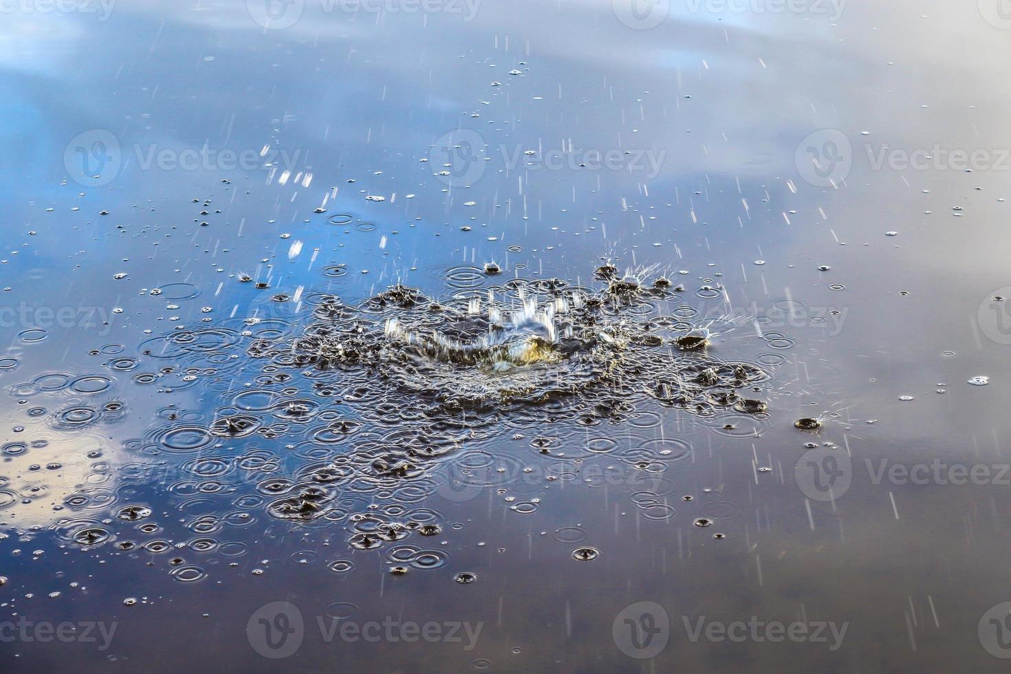 Beautiful water at a lake with splashing water and ripples on the surface with clouds and blue sky reflections photo