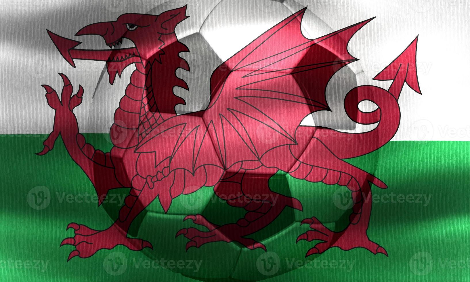 3D-Illustration of a Wales flag with a soccer ball moving in the wind photo