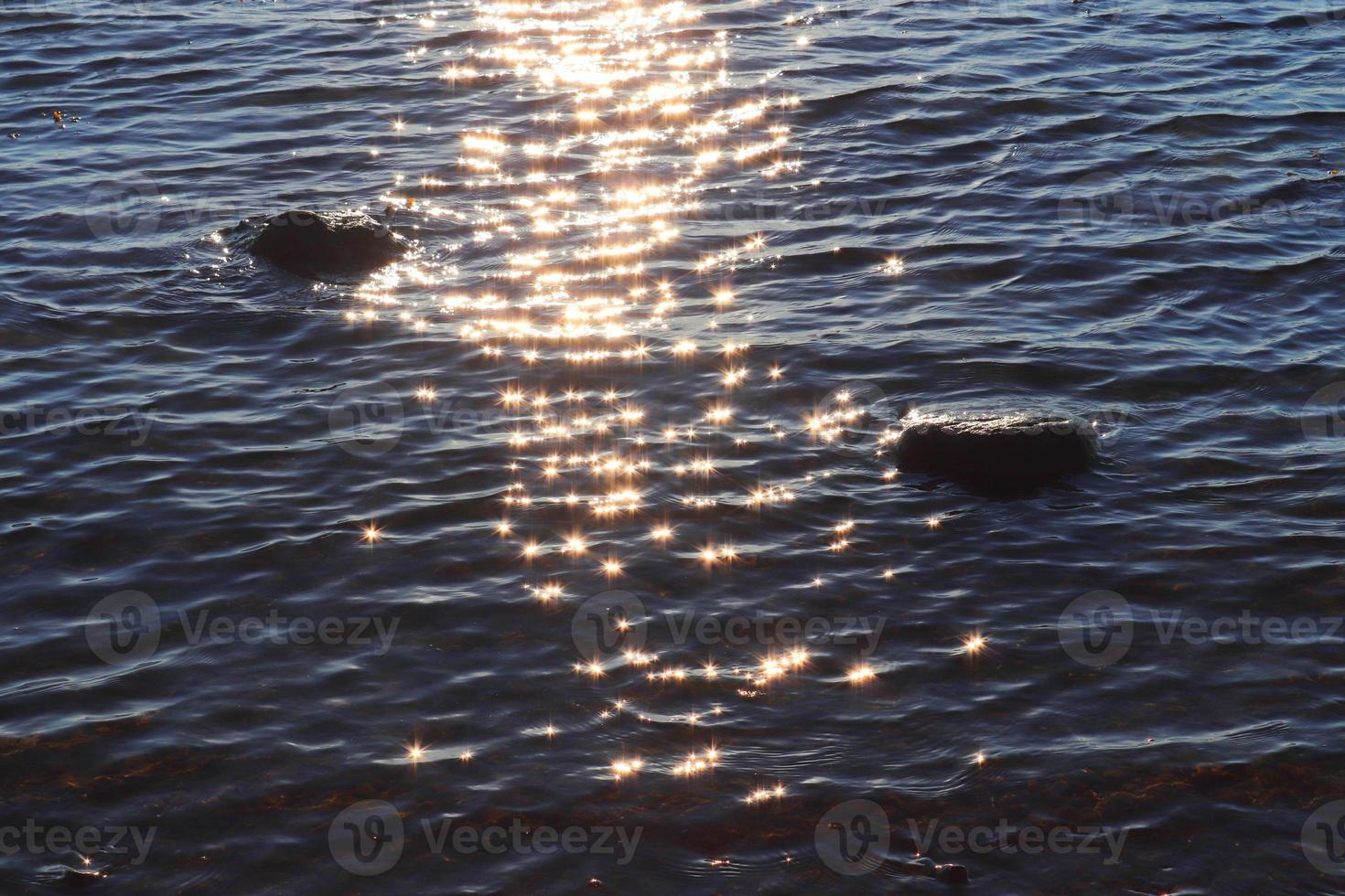 Detailed close up view on water surfaces with ripples and waves and the sunlight reflecting at the surface photo