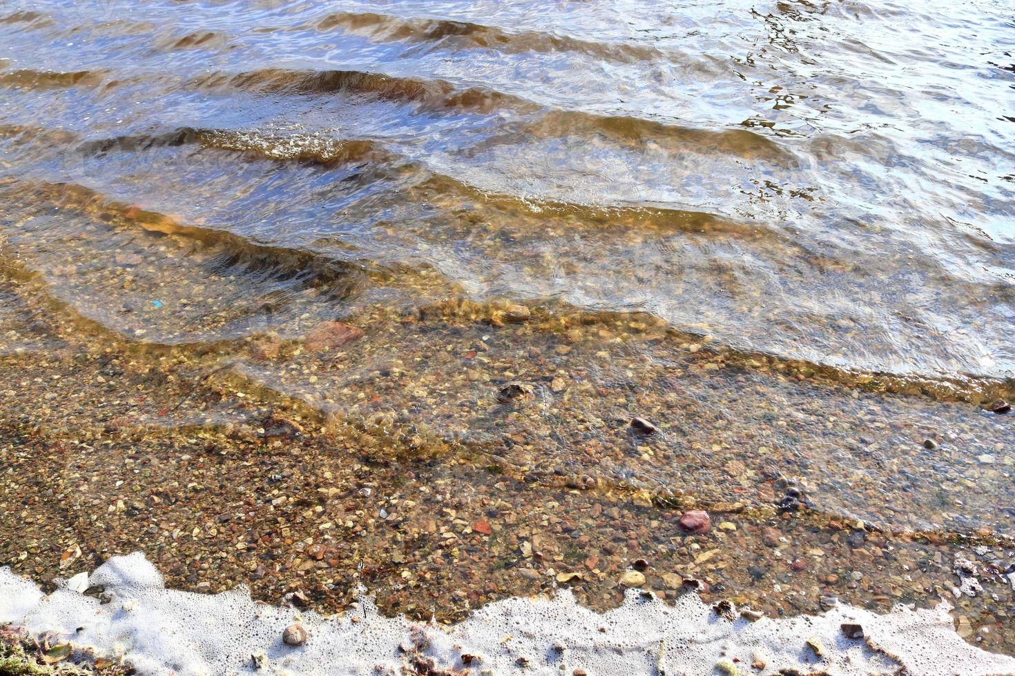 Detailed close up view on water surfaces with ripples and waves and the sunlight reflecting at the surface photo