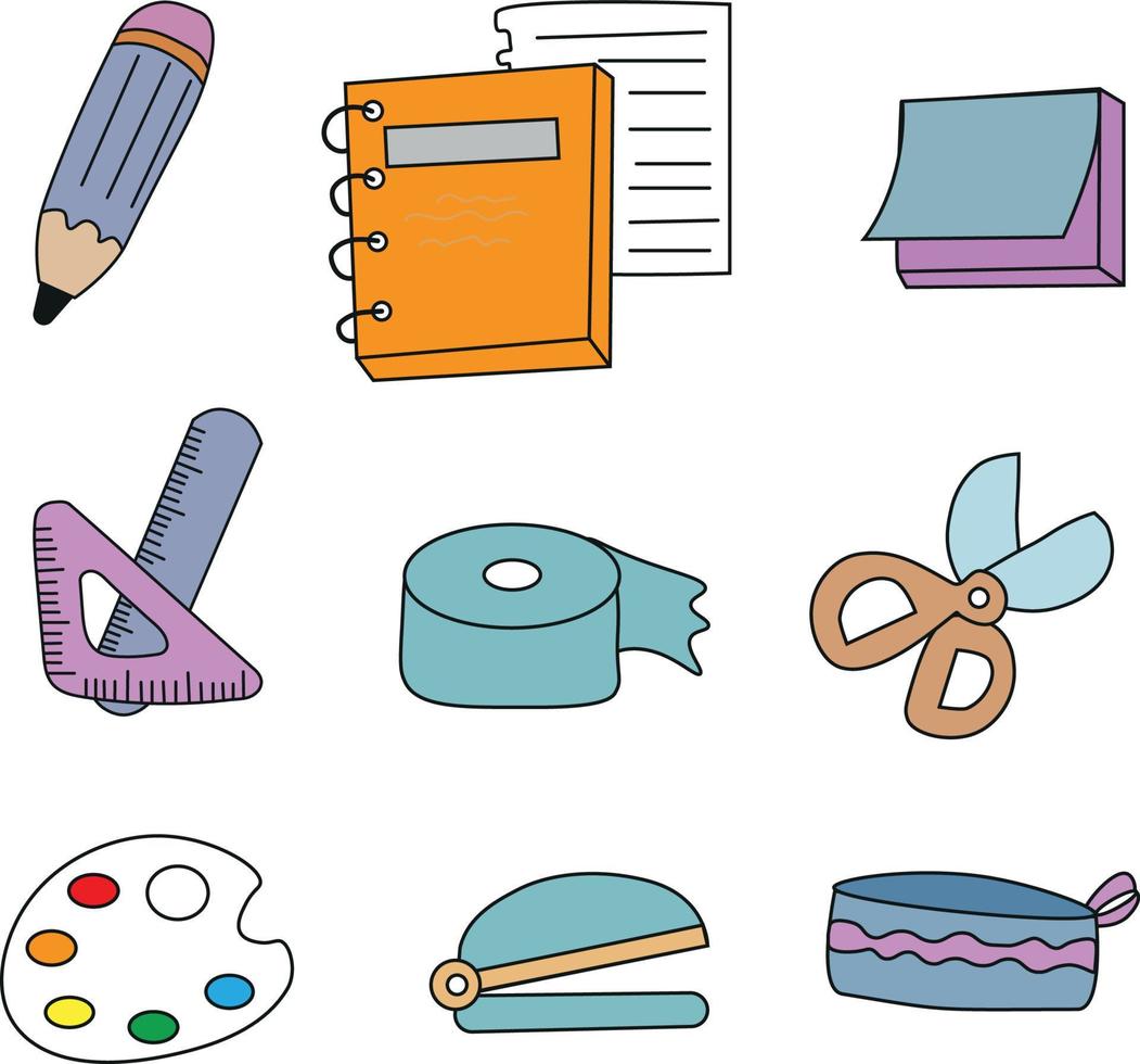 Doodles collection of school stationery. Pencil, pencil case, notebooks, stapler, rulers, palette, adhesive tape vector