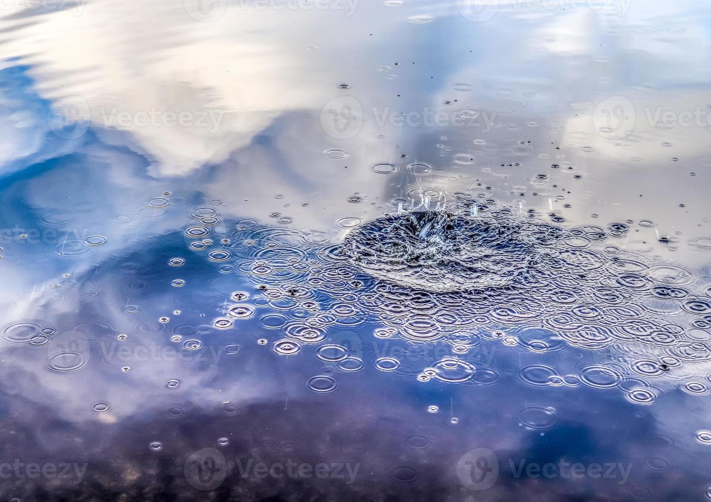Beautiful water at a lake with splashing water and ripples on the surface with clouds and blue sky reflections photo
