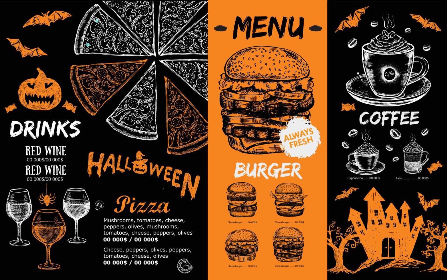 menú de cafetería restaurante, diseño de plantilla, menú de halloween, volante de comida. vector