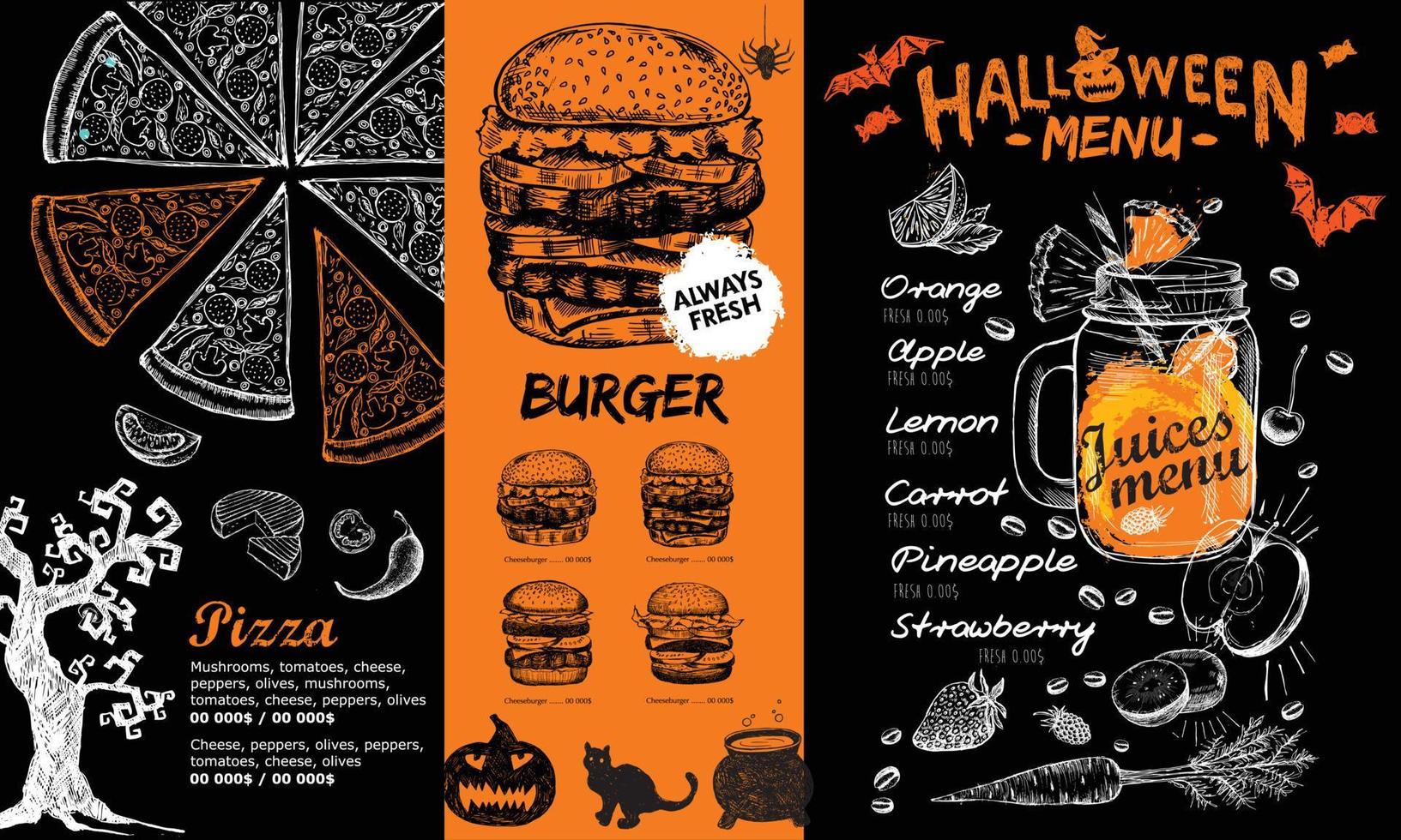 menú de cafetería restaurante, diseño de plantilla, menú de halloween, volante de comida. vector