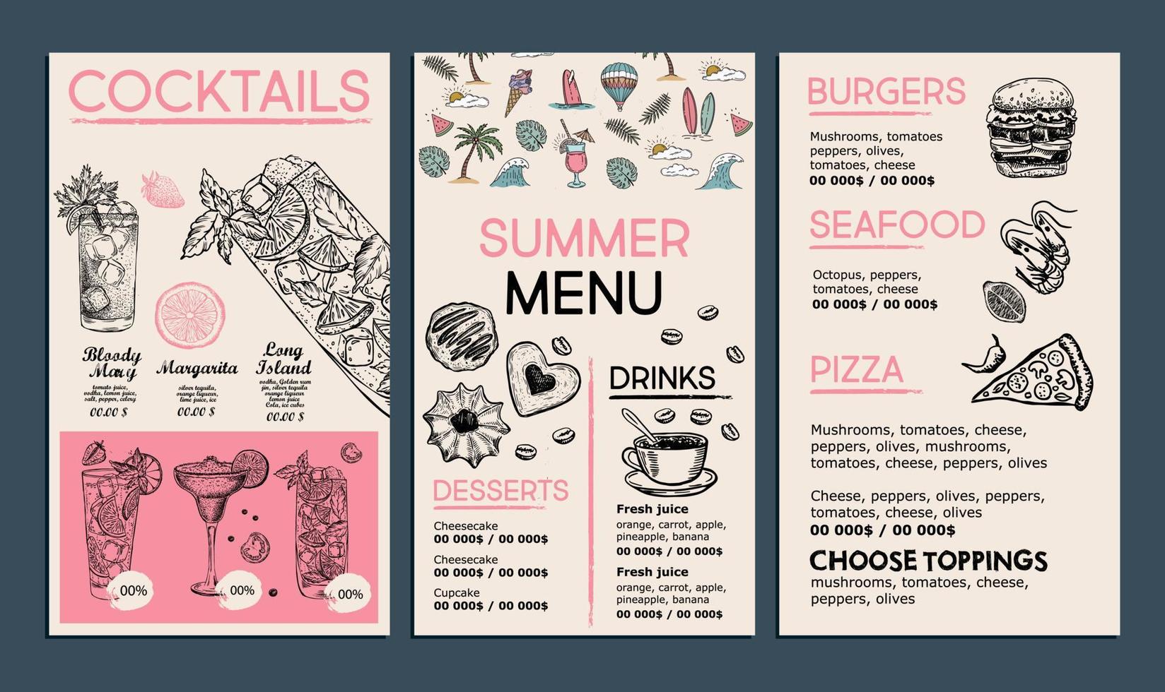 Summer menu, template design. Food flyer. Hand-drawn style. Vector illustration.