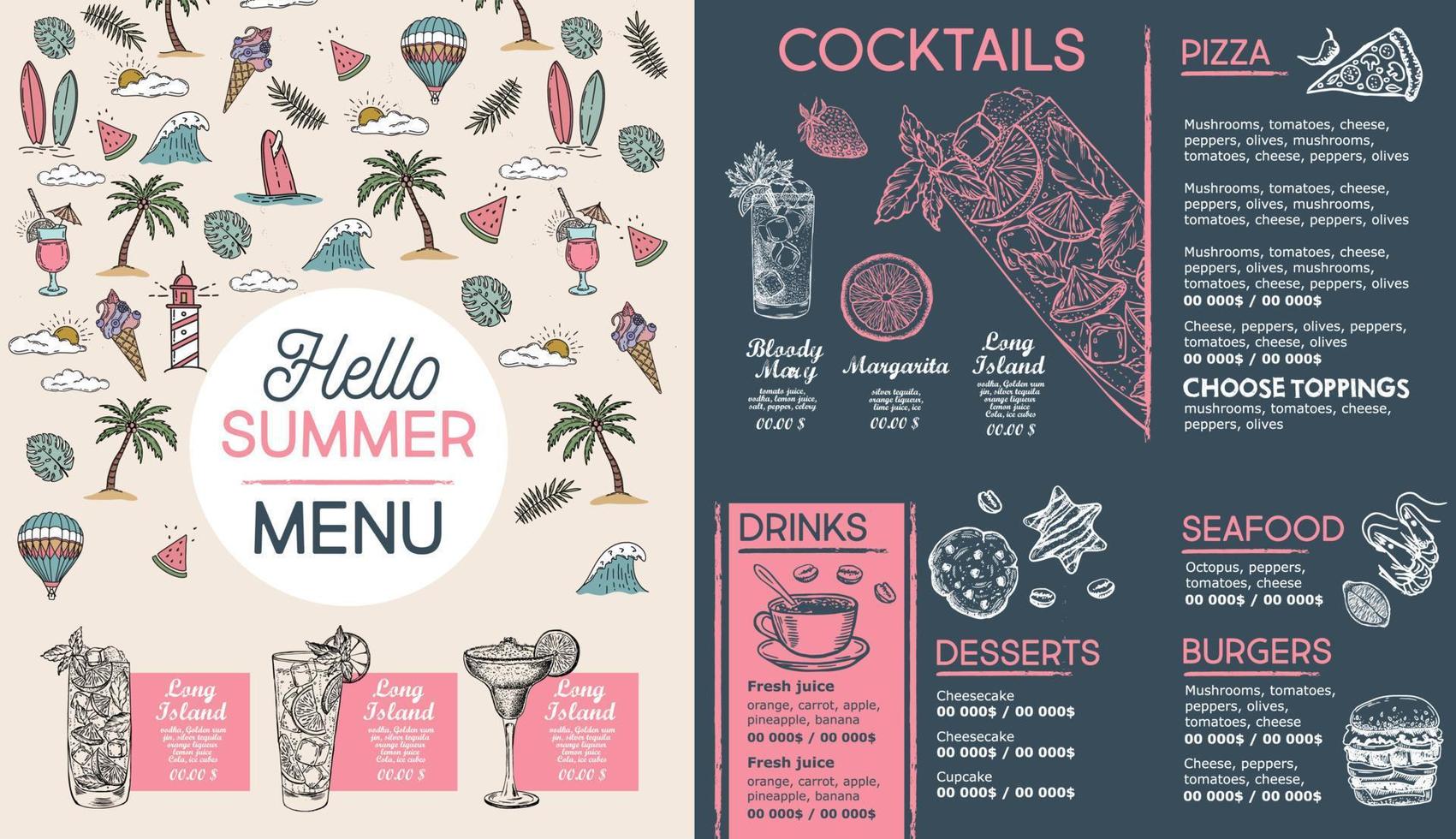 Summer menu, template design. Food flyer. Hand-drawn style. Vector illustration.