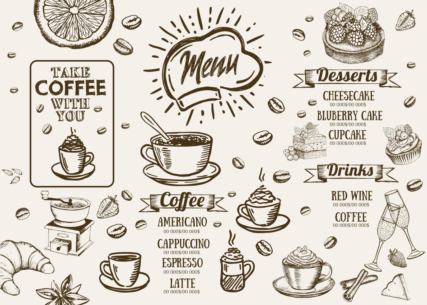 Coffee house menu. Restaurant cafe menu, template design. Food flyer. vector