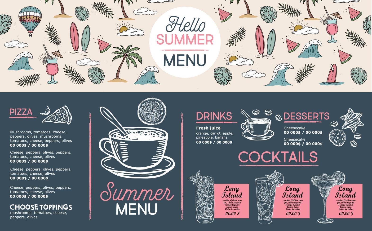 Summer menu, template design. Food flyer. Hand-drawn style. Vector illustration.