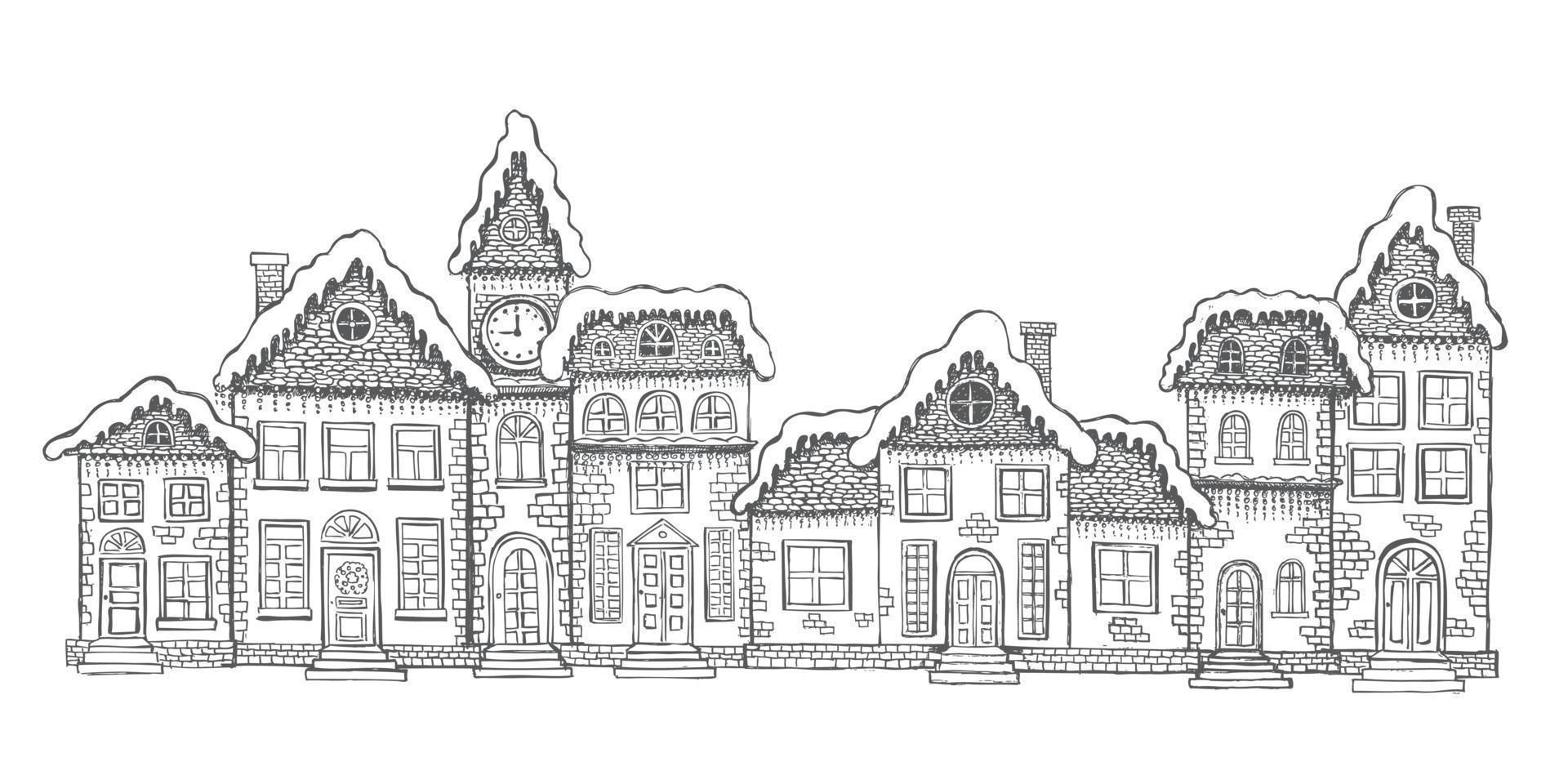 Adobe Illustrator ArtworkChristmas Greeting card. Illustration of houses. Set of hand drawn buildings. vector