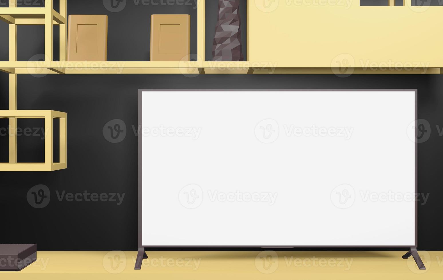 3D illustration smart TV on yellow table and prop yellow cupboard for copy space , 3D rendering blank background photo