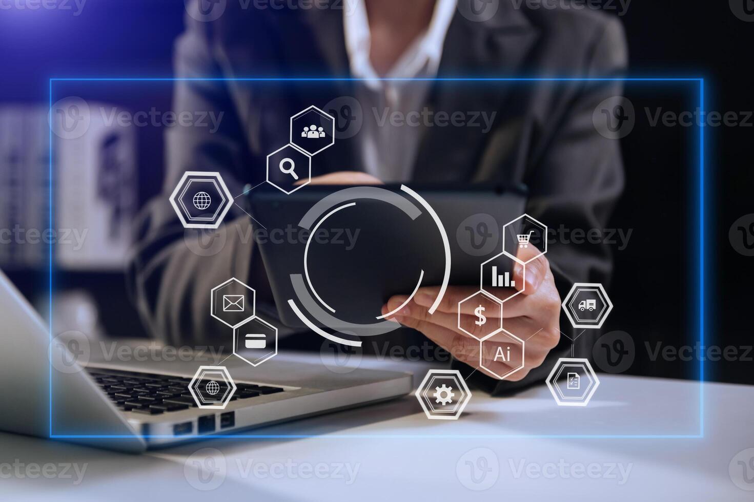 Businesswoman hand working digital marketing media in virtual screen with mobile phone and modern compute with VR icon photo