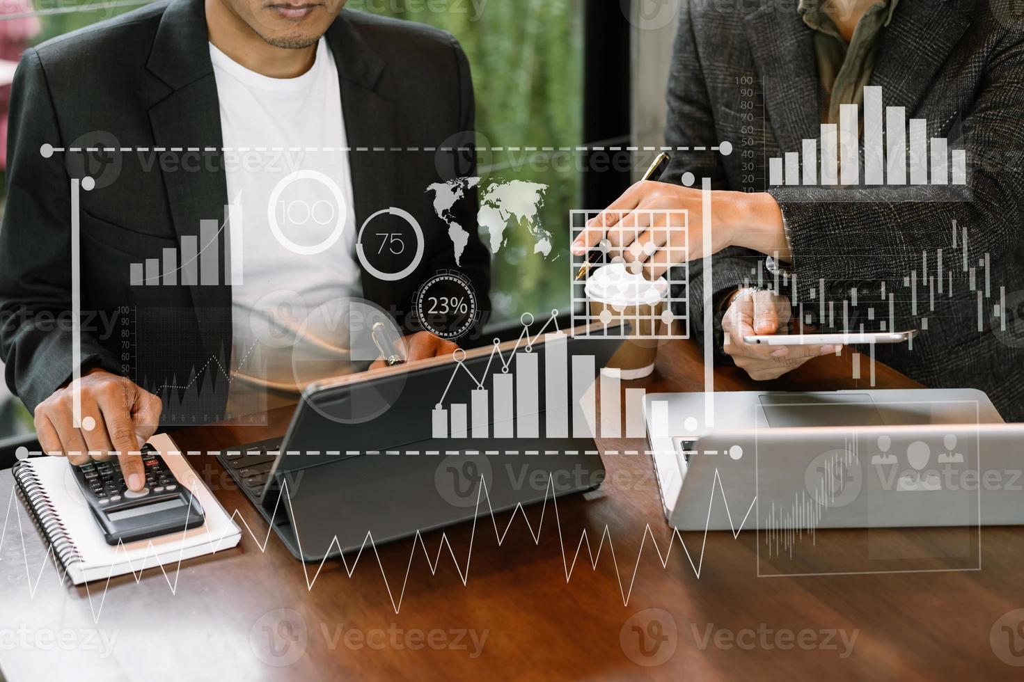 Intelligence and business analytics with key performance indicators dashboard concept. Two business colleague web designer discussing data and digital tablet photo