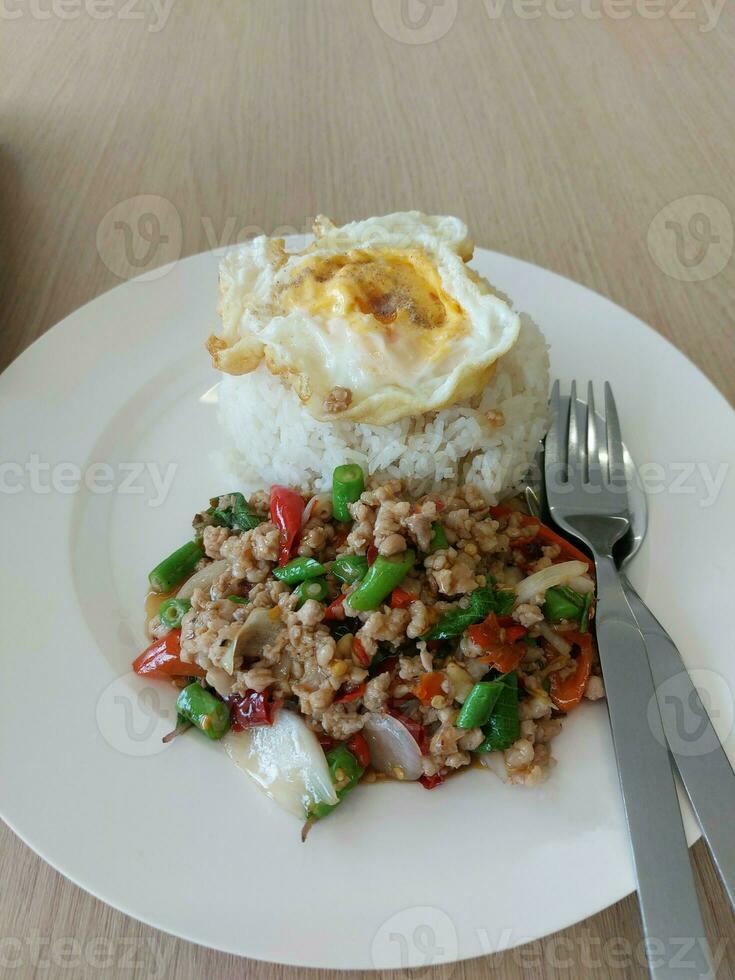 Rice and stir fried basil with minced pork and fried egg were served on a white plate. photo