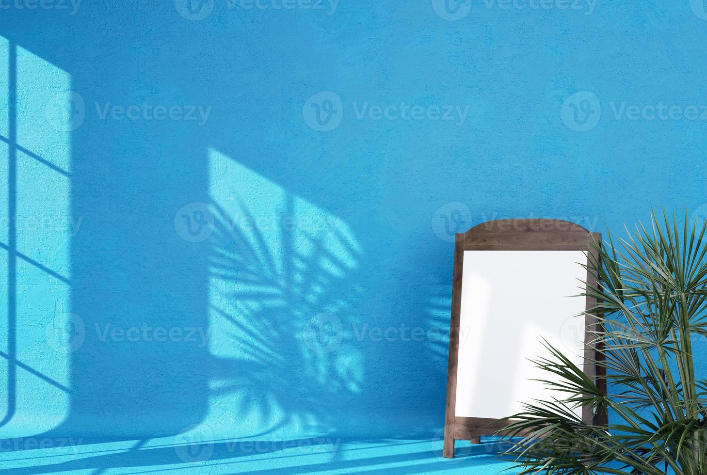 Empty room with shadows of window and flowers and palm leaves 3d room with commercial billboard. photo