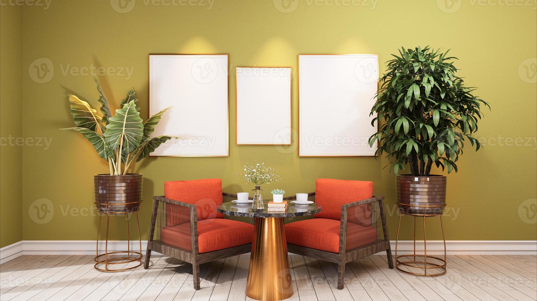 Stylish interior design of dining room with table chair, tropical plant in ceramic pot photo