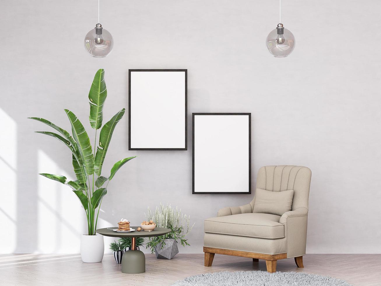 Mock up poster frame in modern interior background photo