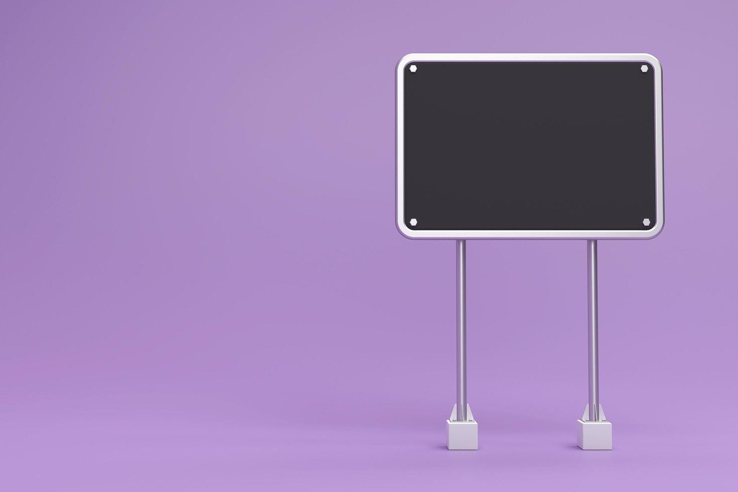 Blank chalk board street stand mockup on purple background. Two steel column with blank black billboard. Signboard with silver metal frame template. 3d rendering. photo