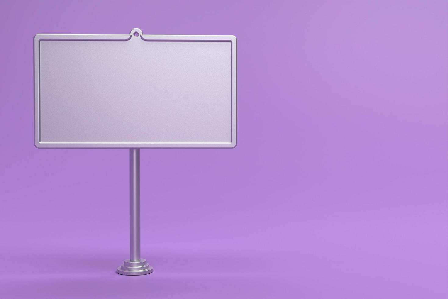 Blank white metal board street stand mockup on purple background. Signboard with silver metal frame template. 3d rendering. photo