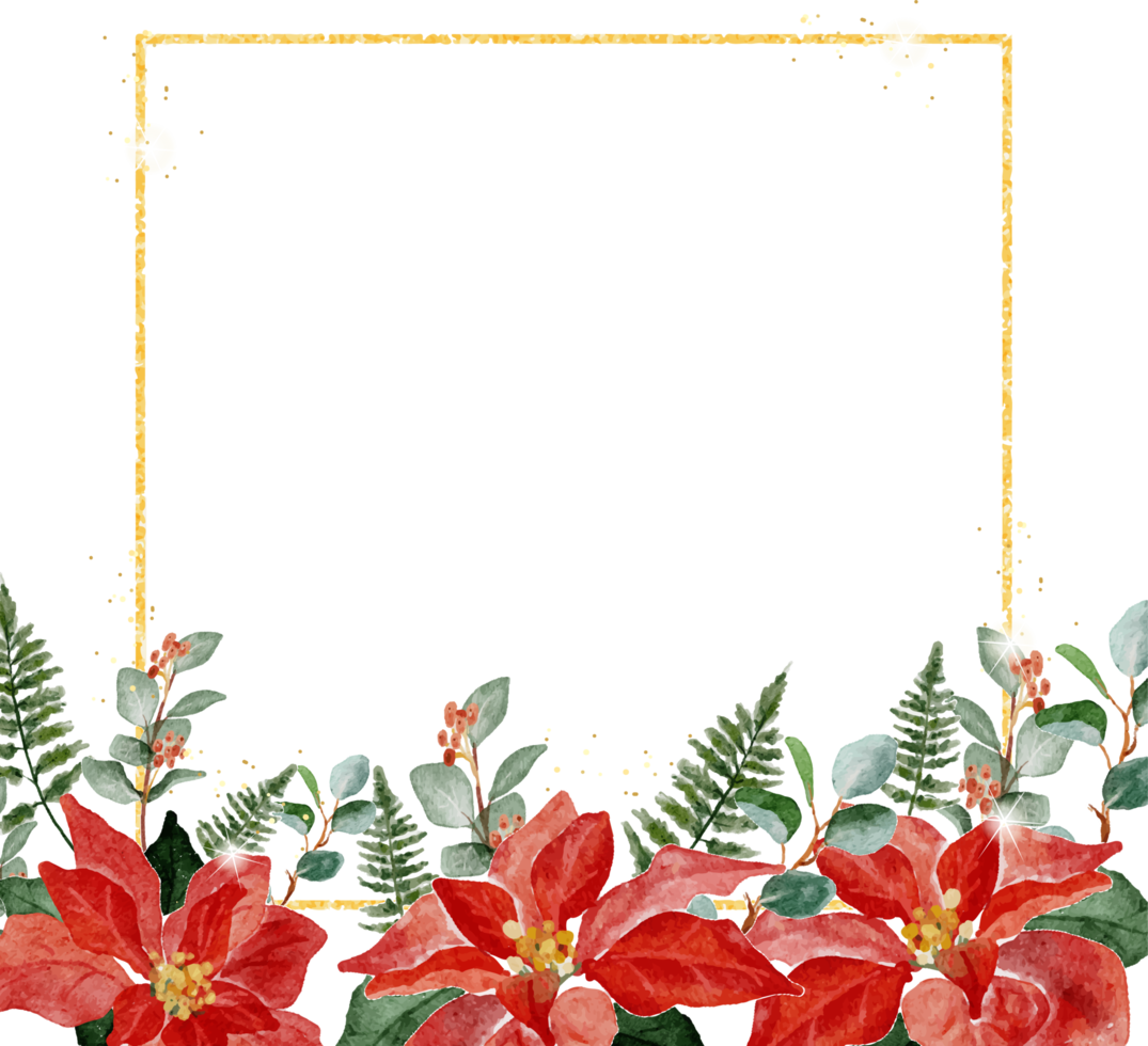 akvarell jul julstjärna blombukett krans ram med guld glitter png