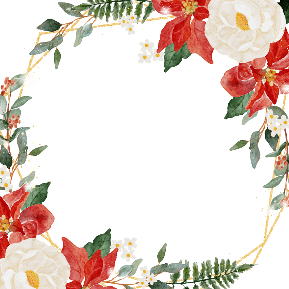 watercolor christmas flower bouquet wreath with gold glitter frame square  banner background png