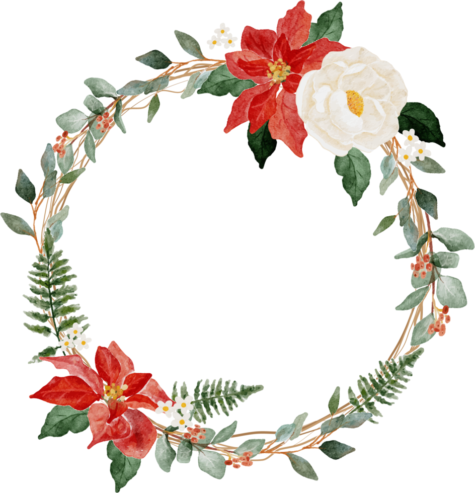 marco de corona de ramo de flores de navidad acuarela png