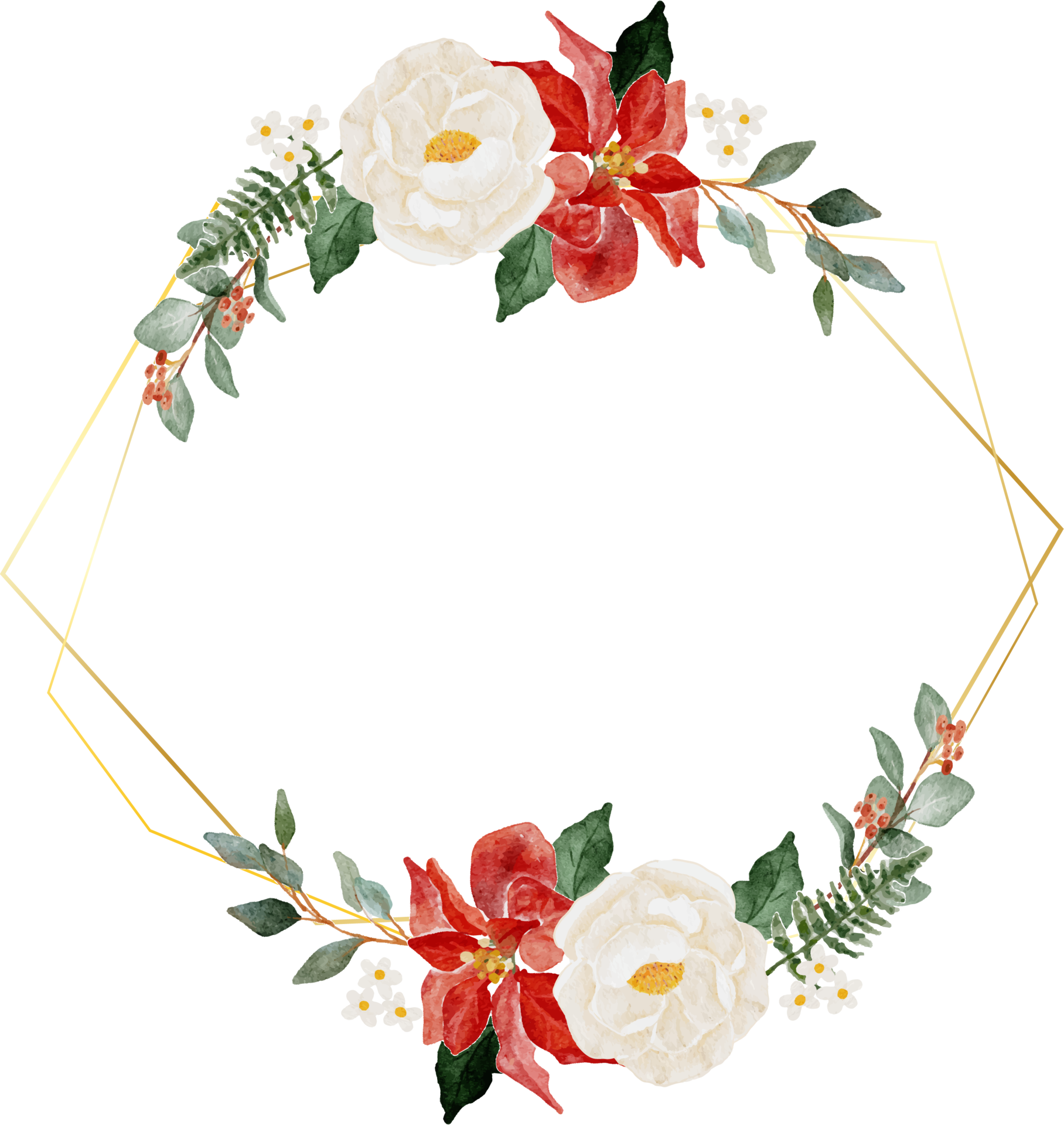 watercolor christmas flower bouquet wreath with gold frame 9413835 PNG