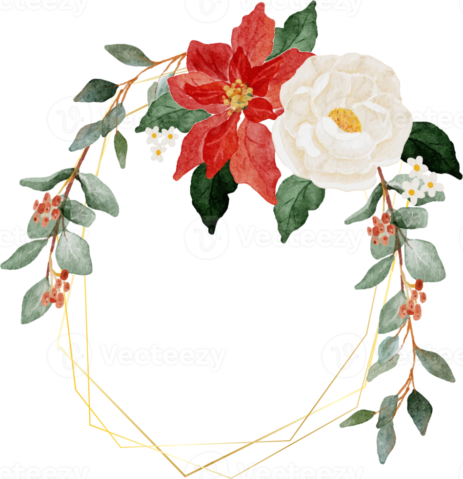 watercolor christmas flower bouquet wreath with gold frame png