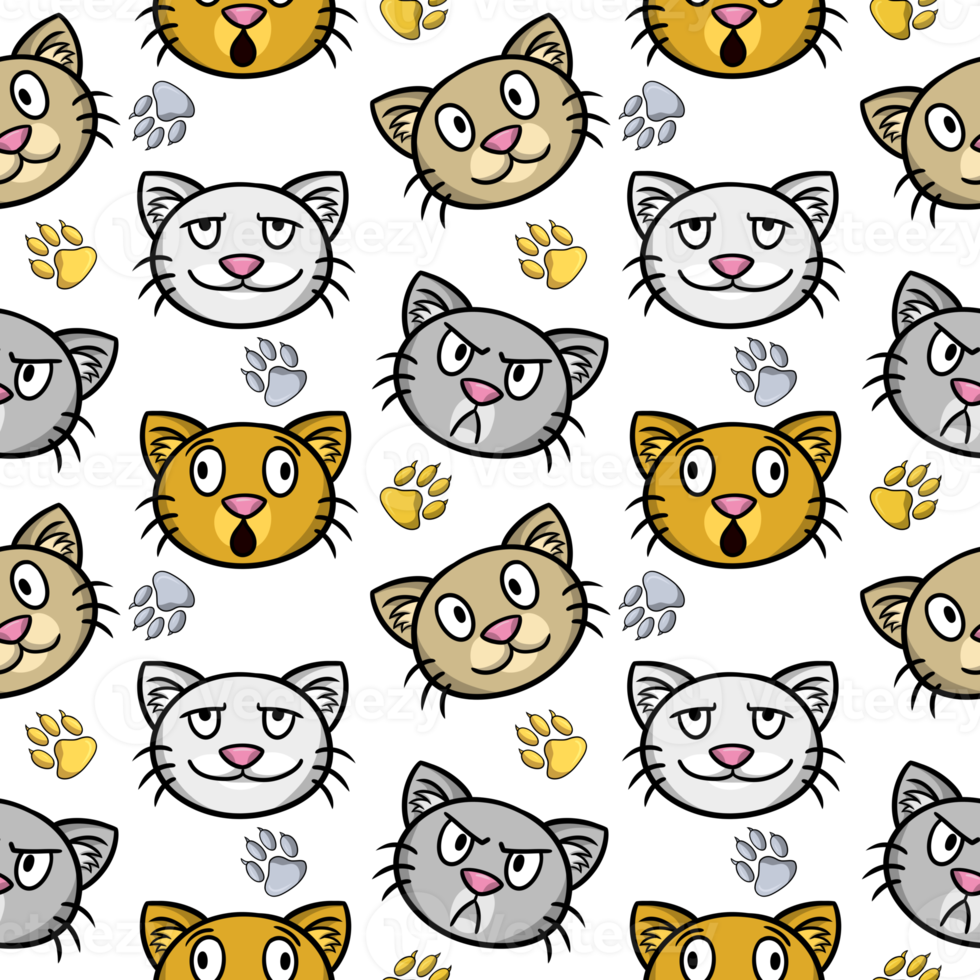 Funny print with cats' faces, cute cats with different emotions, seamless square pattern png