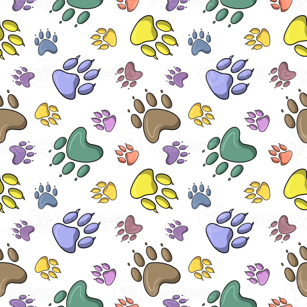 Multicolored paw prints of different animals, cartoon style, seamless square pattern png