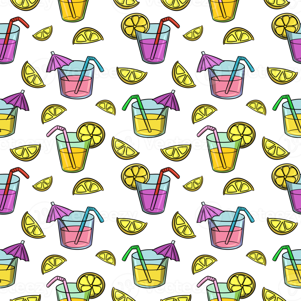 Delicious juices and cocktails with lemon and paper umbrella, seamless square pattern png