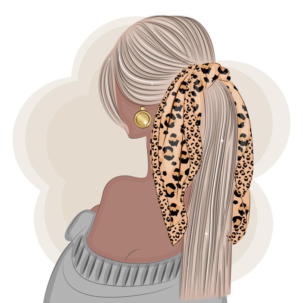 Fashionable blonde in a leopard print scarf, fashion vector illustration textile print