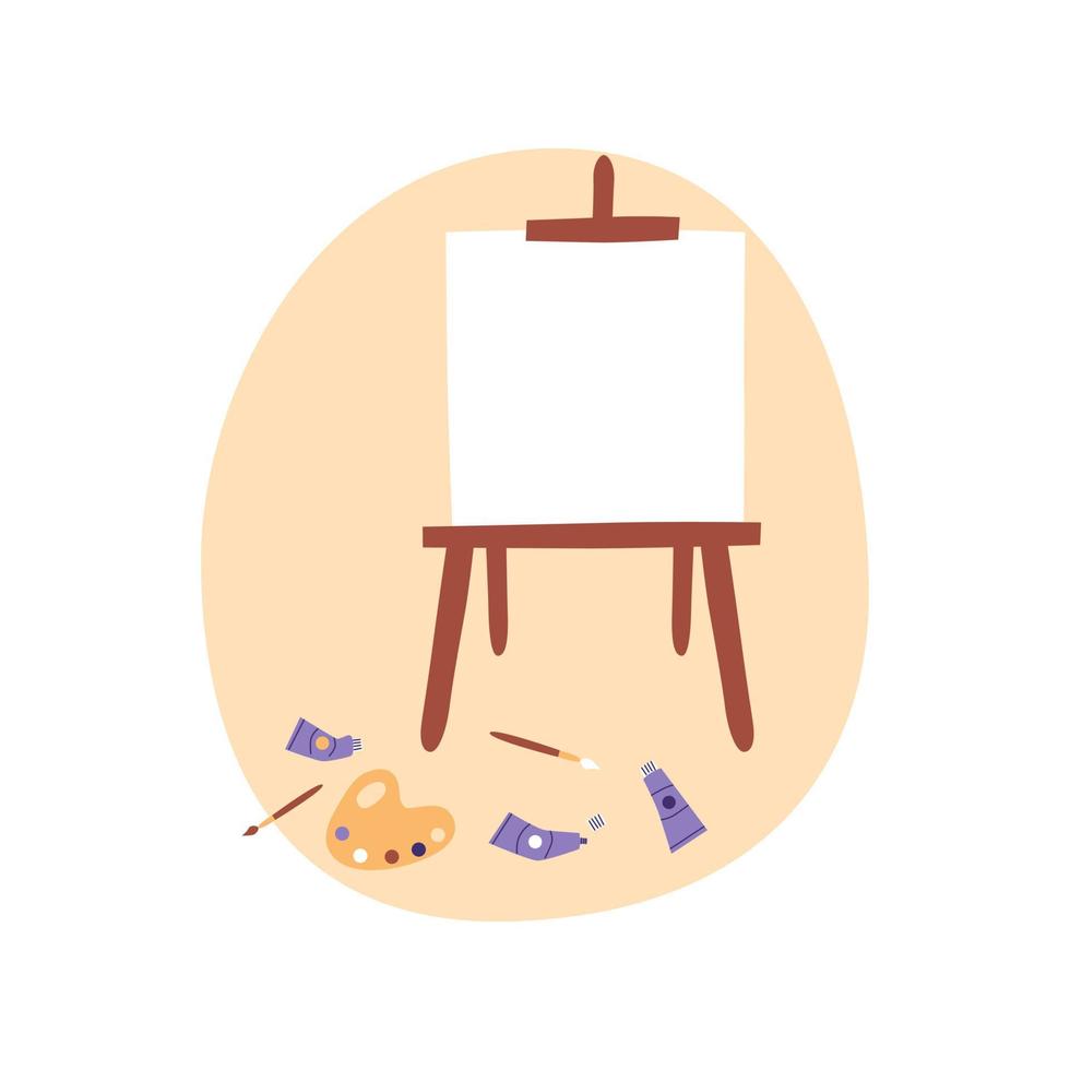 Wooden Brown Sienna Easel with Canvas. Place of work of the artist. Paints tube, brushes on a floor. Flat vector illustration.