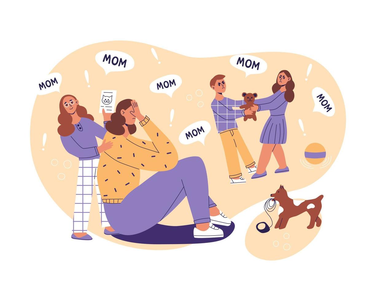 frustrated, depressed mom, problems of motherhood. Naghty children do not give rest for a minute. Exhausted women tired of noisy active playful kids.Hard paenting with many children flat illustration. vector