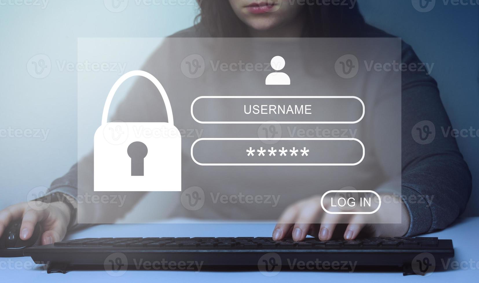 Woman logging in personal user information. Security information and encryption. Cyber security concept. Secure internet access. Private digital interface. photo