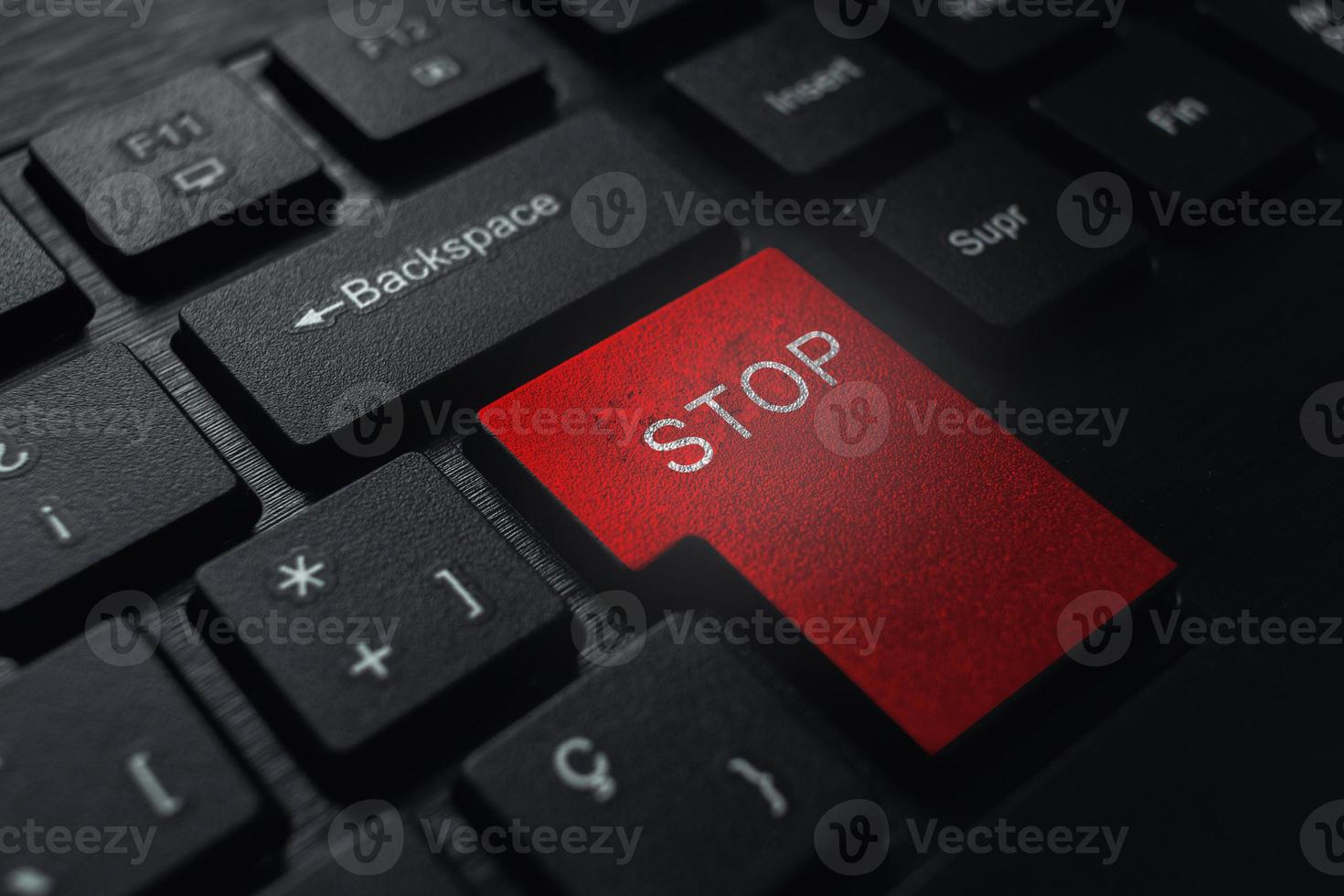 Security tech concept of red STOP signal on keyboard. Protection and privacy concept. Global technology. Data protection and cyber security. photo