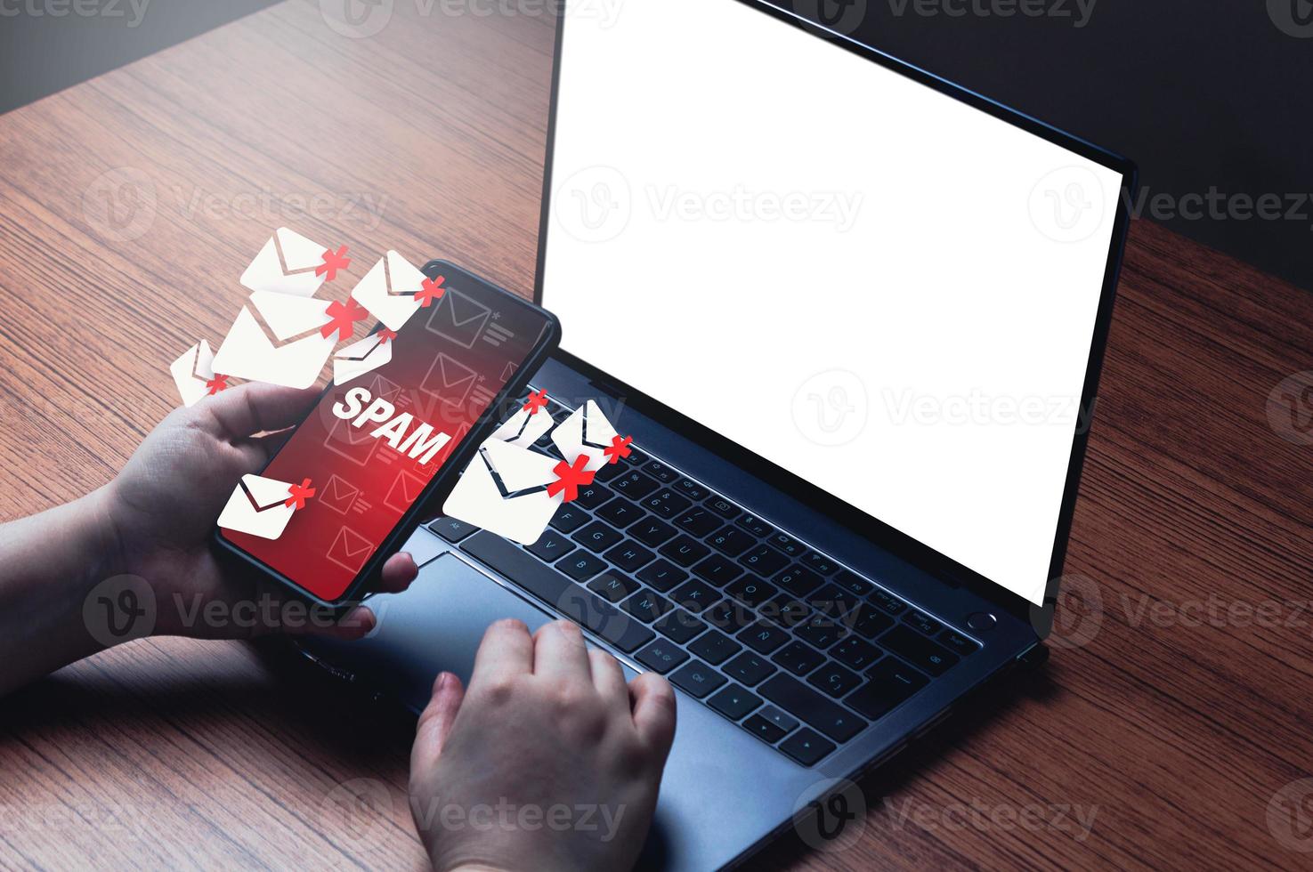 Mail spam concept on smartphone with screen laptop mockup. Communication business technology. Protect spam mail from internet cyber security. photo