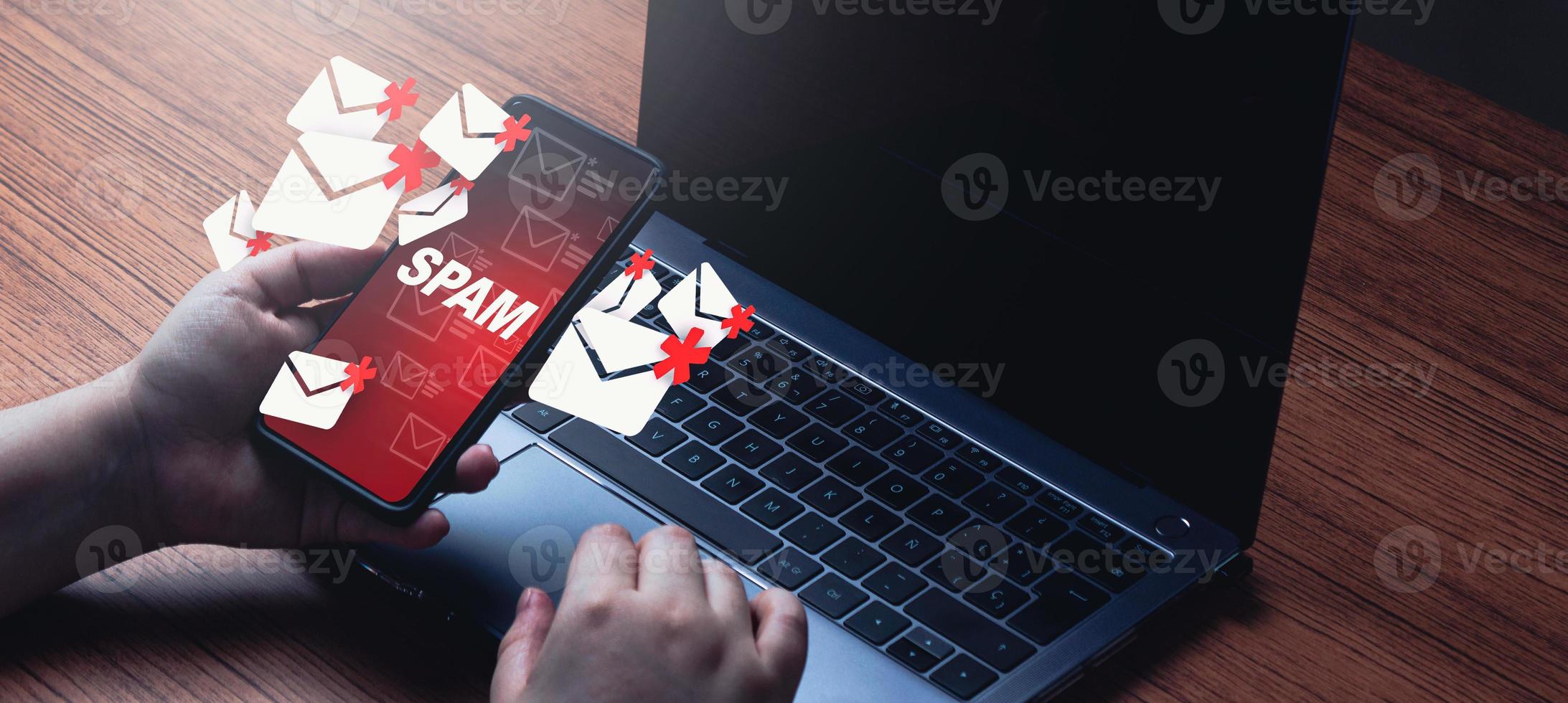 Banner of mail spam concept on smartphone. Communication business technology. Protect spam mail from internet cyber security. photo