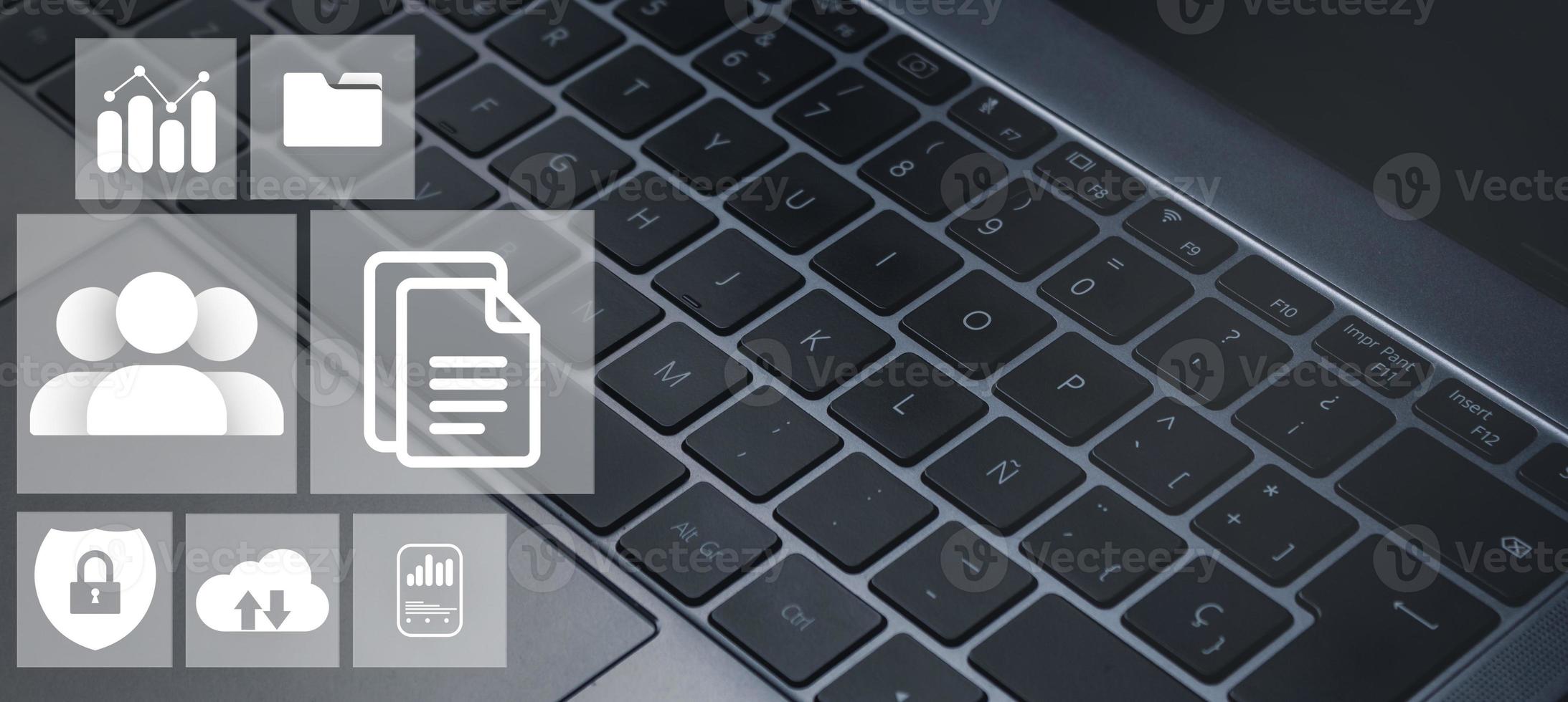 Banner close up of laptop keyboard with digital administration interface. Document Management System Concept. Corporate business technology. Online documentation database. photo