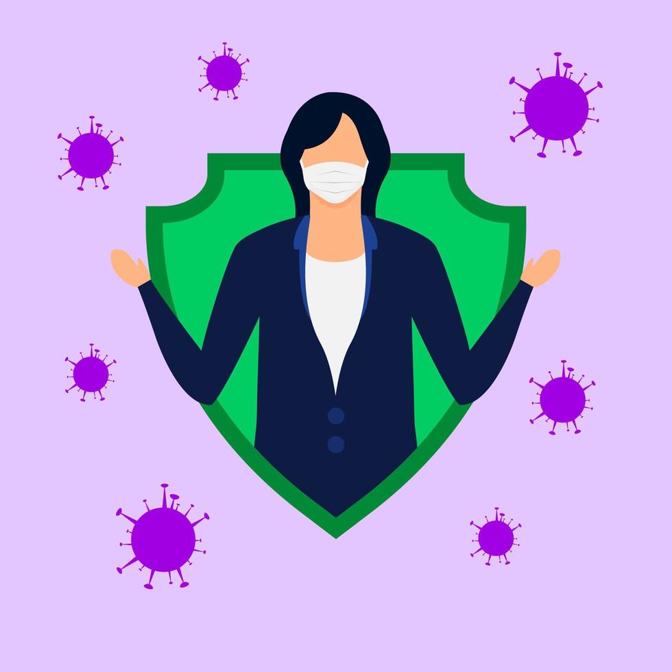 Businessman safe protected from coronavirus with shield, Fight against corona virus. Vector illustration