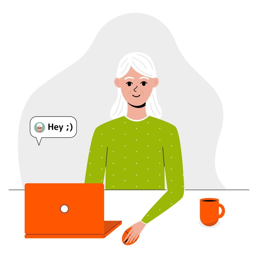 Old woman use laptop. Nice elderly female character sitting and using dating apps, social media. Communicate in net for older person. Cute vector illustration in flat style.