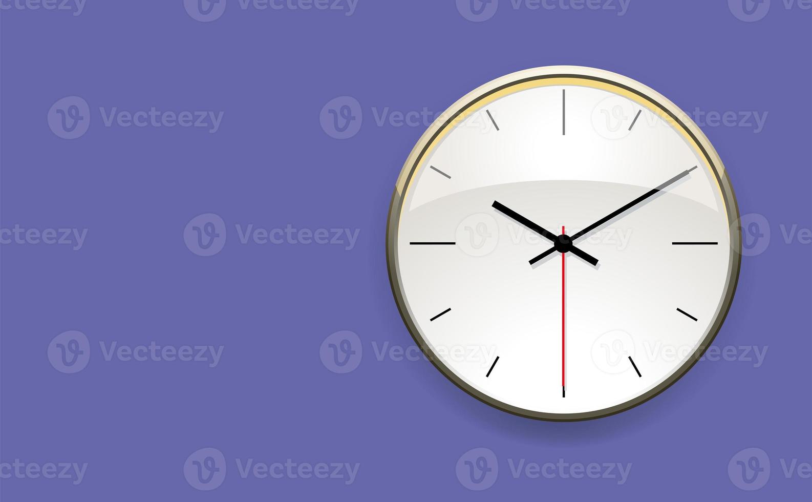 Stylish round clock in a metal frame with black hands and a white dial on the wall. In trendy color, the background is very peri. copy space. Vector illustration photo