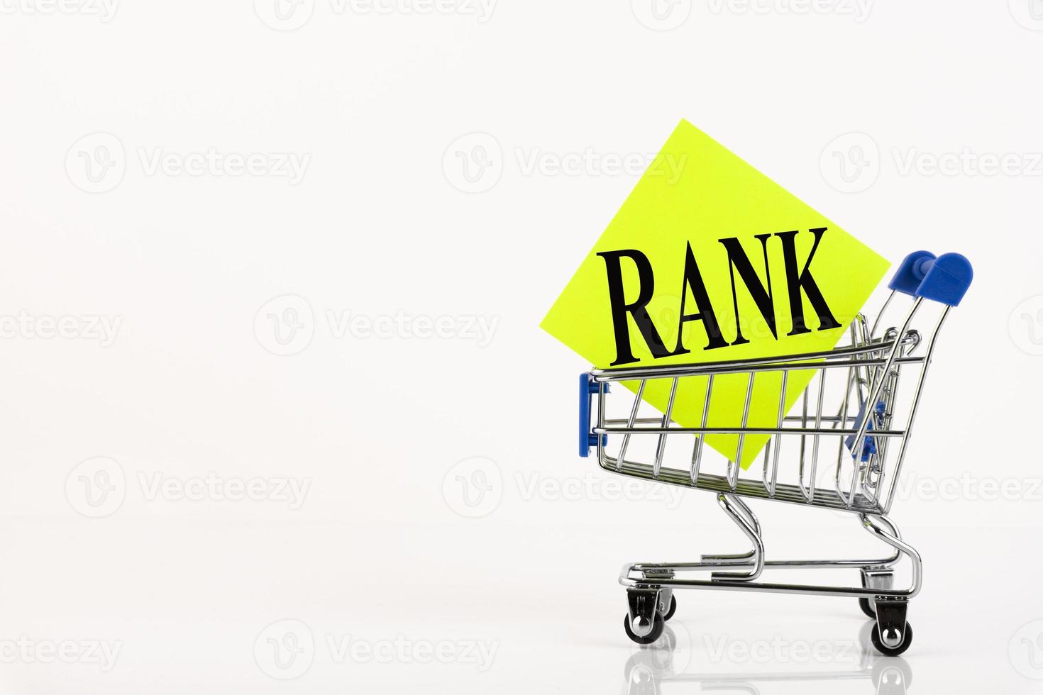 Shopping cart and text rank on yellow paper note list. Shopping list, business concept on white background. Copy space photo