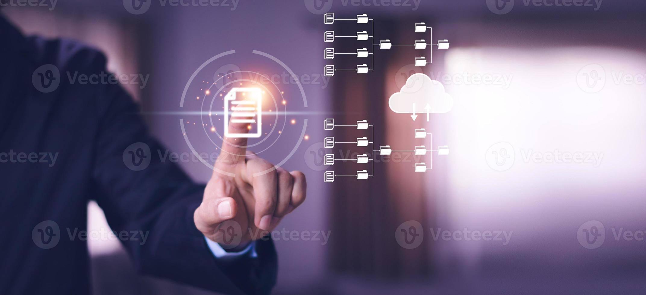 Document Management System  online documentation database and process automation to efficiently manage files, knowledge and documentation in enterprise with ERP. Corporate business technology. photo