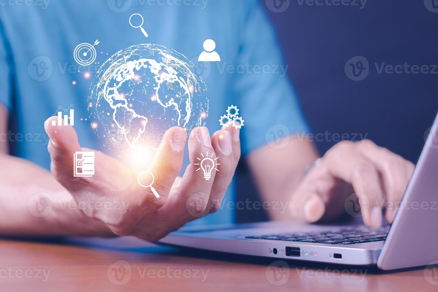 Man  holding virtual Global Internet connection metaverse. Business global internet connection application technology and digital marketing, Financial and banking, Digital link tech, big data. photo