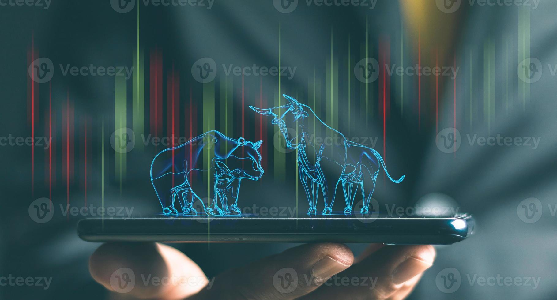 bull and bear shape writing by lines and dots over the Stock market chart with information over the Modern business building glass of skyscrapers, trading and finance investment concept photo