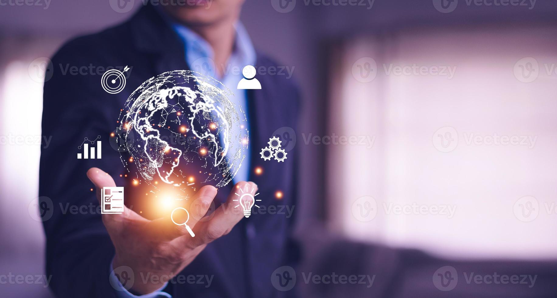 Man  holding virtual Global Internet connection metaverse. Business global internet connection application technology and digital marketing, Financial and banking, Digital link tech, big data. photo
