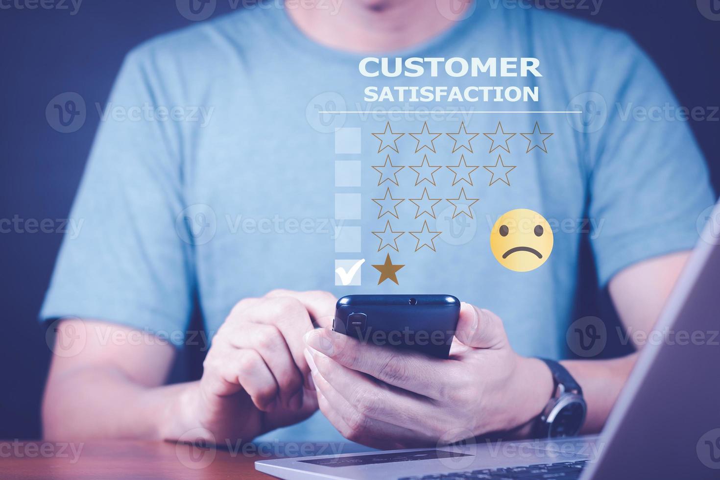 Customer Experience dissatisfied Concept, Unhappy Businessman Client with Sadness Face on smartphone screen, Bad review, bad service dislike bad quality, low rating, social media not good. photo