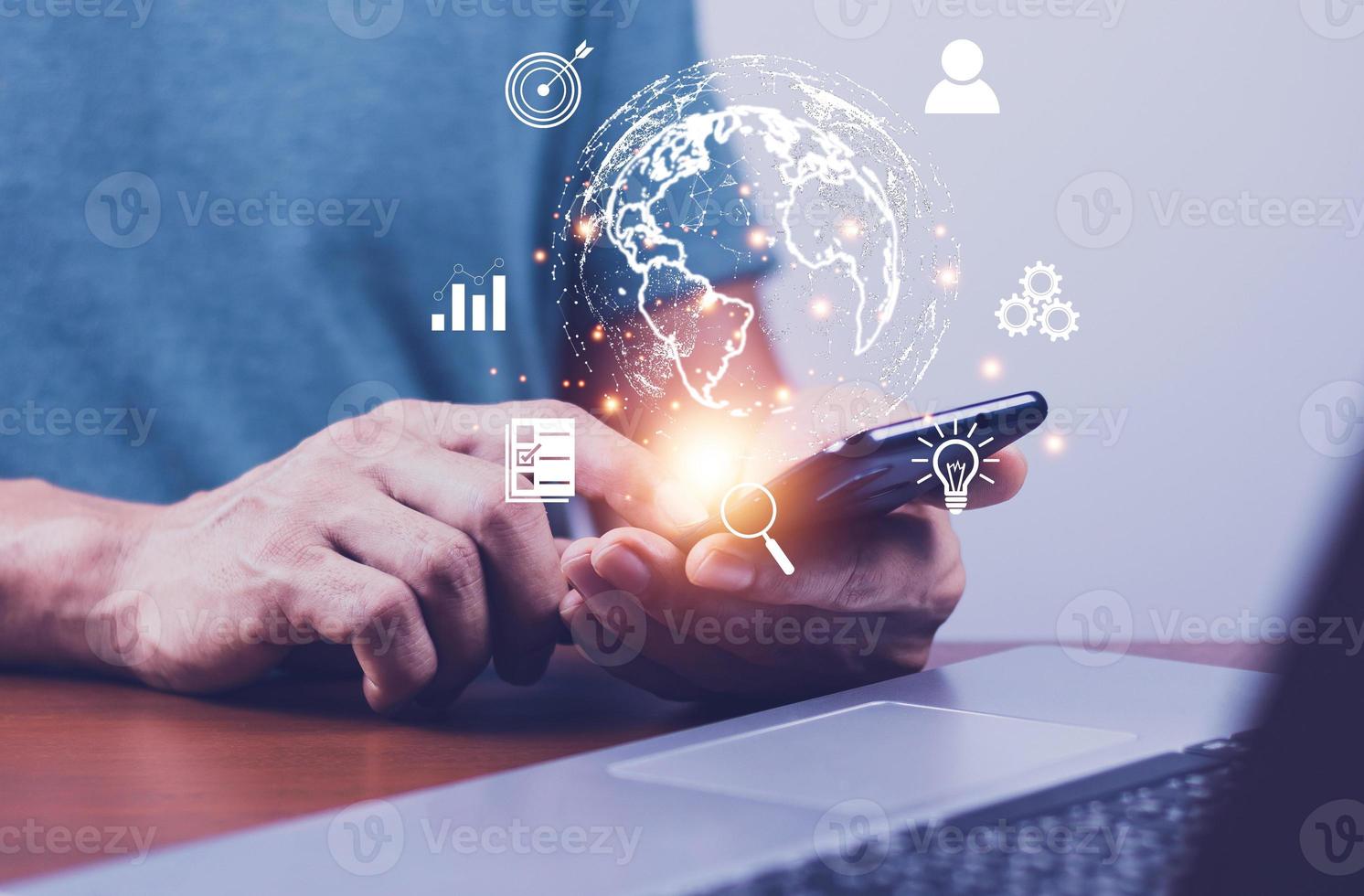 Businessman using mobile smart phone. Business global internet connection application technology and digital marketing, Financial and banking, Digital link tech, big data. photo