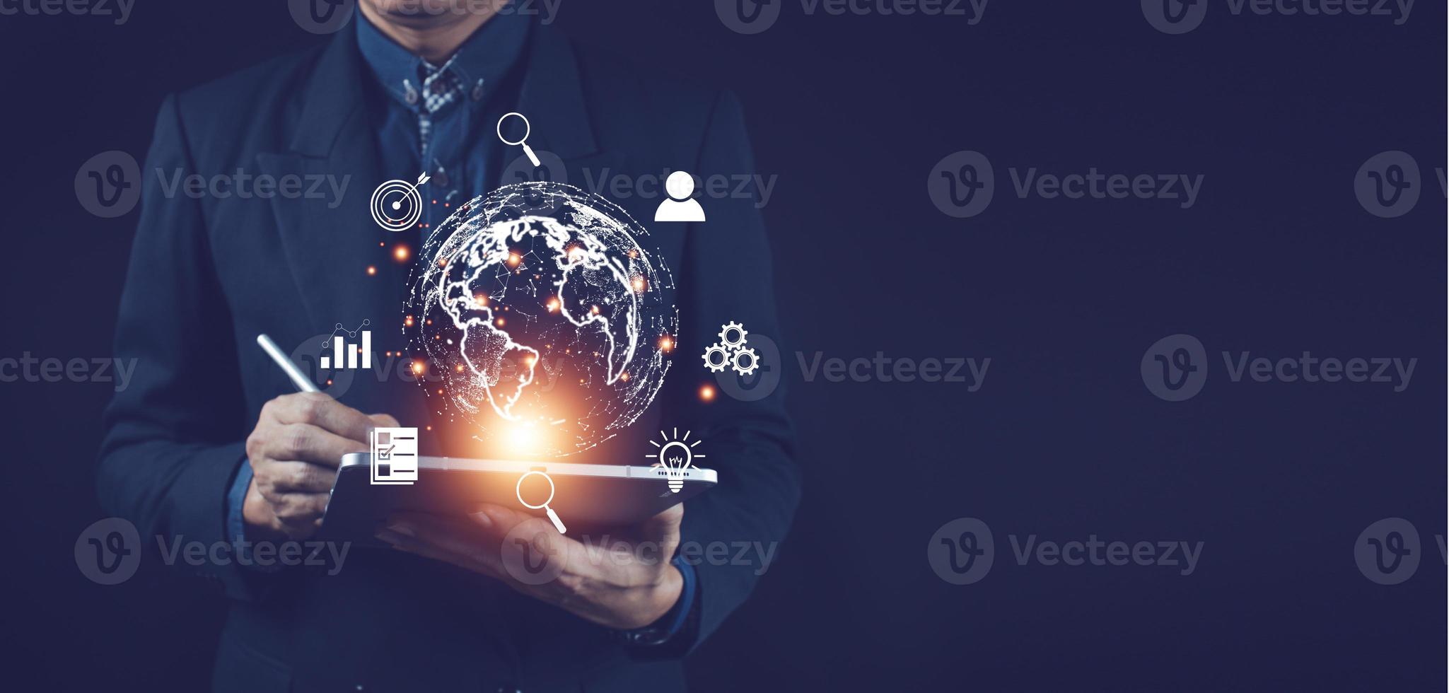 Businessman using mobile smart phone. Business global internet connection application technology and digital marketing, Financial and banking, Digital link tech, big data. photo